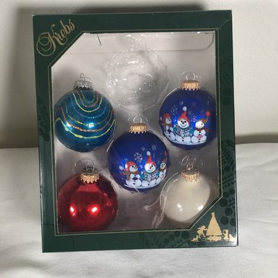 Box 5 Vtg Krebs Glass Christmas Ornaments Hand Painted Glittered 2.5''