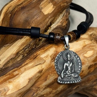 Handgefertigte schwarze Leder Halskette Buddha Herren Damen Kette