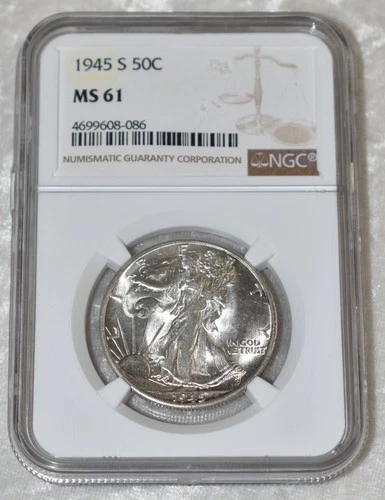 1945 S LIBERTY WALKING 90% SILVER HALF DOLLAR NGC MS 61 MS61 SAN FRANCISCO MINT