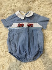 Vintage Bubble Romper Blue Gingham And Smocked Fire Trucks EUC