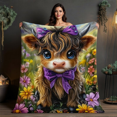 Cute Highland Cow Purple Bow Flannel Blanket 60x80 Soft Boho Farmhouse Decor Thr