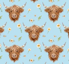 Animal Fabric Highland Cow Face Daisy Toss Blue David Textiles YARD