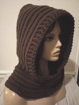 crochet handmade  womans oversized hood hat scoodie espresso brown USA made