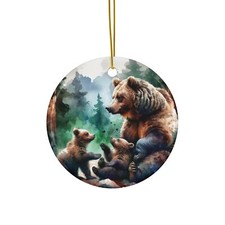 Watercolor Mama Bear and Cubs Ceramic Ornament