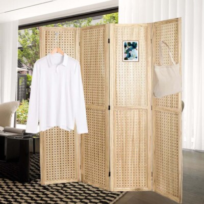 4 Panel Wood Room Dividers Pegboard Display Freestanding Folding Privacy Screens