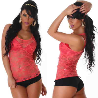 Damen Tank Top Transparent Spitze Geblümt Stretch Apricot 34 36 sexy