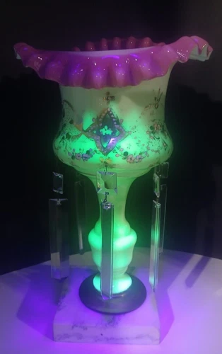 Antique 'Burmese Glass' UV Reactive Hand Painted Mantle Luster