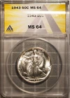 1943 Silver Walking Liberty Half-dollar MS 64 ANACS # 7270064 + Bonus