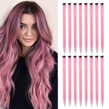 16Pcs Pink Clip-in Hair Extensions, 20" Straight Synthetic, Rainbow Highlights