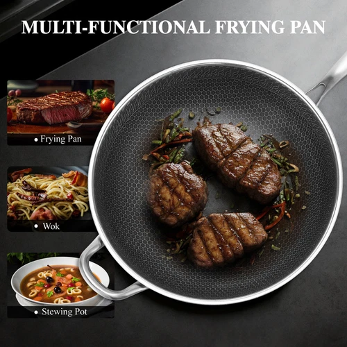 13-INCH LARGE WOK STAINLESS STEEL NONSTICK FRYING PAN W/ LID BRUSH FOR INDUCTION - Picture 5 of 13