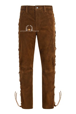 Herren Biker Schnür Lederhose Hellbraun Rindsveloursleder Motorrad Stil Lederhose