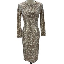 XScape Long Sleeve Sequin Lace Midi Dress - Beige / Sand - size 4P