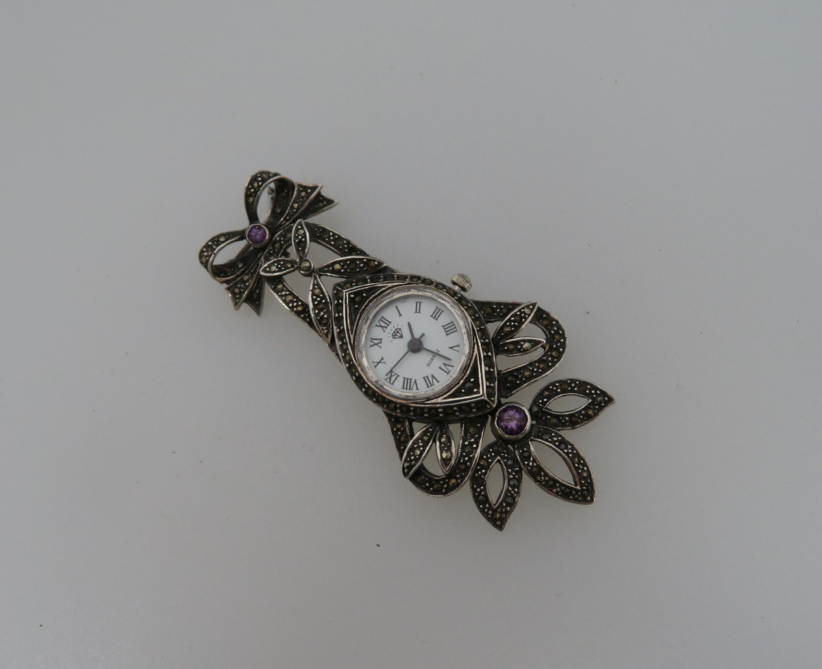 ARTICULATED 925 SILVER METAL MARCASITE QUARTZ BROOCH FOB STYLE NURSE'S  WATCH