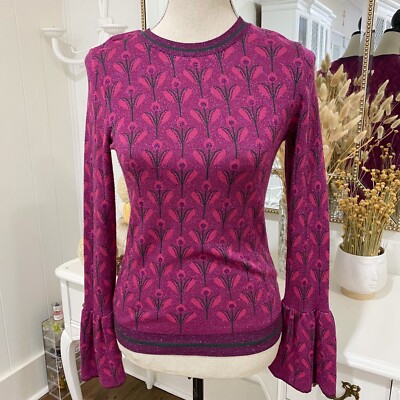 Hallhuber Metallic Shiny Sweater Top Bell Sleeves Floral Print Sz S