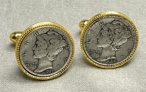 Pierre Cardin Liberty Mercury Silver Dime Cufflinks, Gold Tone Rope, Beautiful!
