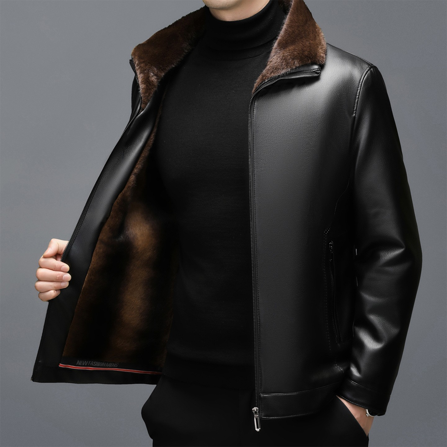 Men's Genuine Leather Fur Lining Thicken Warm Lapel Collar Zipper Formal Jacket
