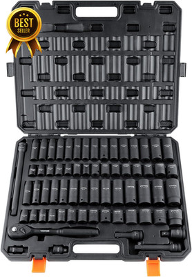 65 Piece 1/2 Inch Drive Impact Socket Set SAE 3/8 to 1-1/4 Inch and Metric 10-24