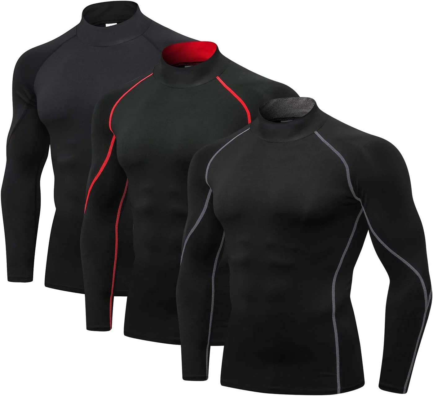 Compression Shirt Men 3 Pack Long Sleeve Base Layer Workout Mock Neck Shirts 4-W