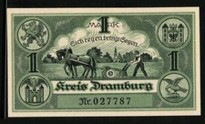Notgeld Dramburg 1920, 1 Mark, Bauer mit Pflug, Wappen 