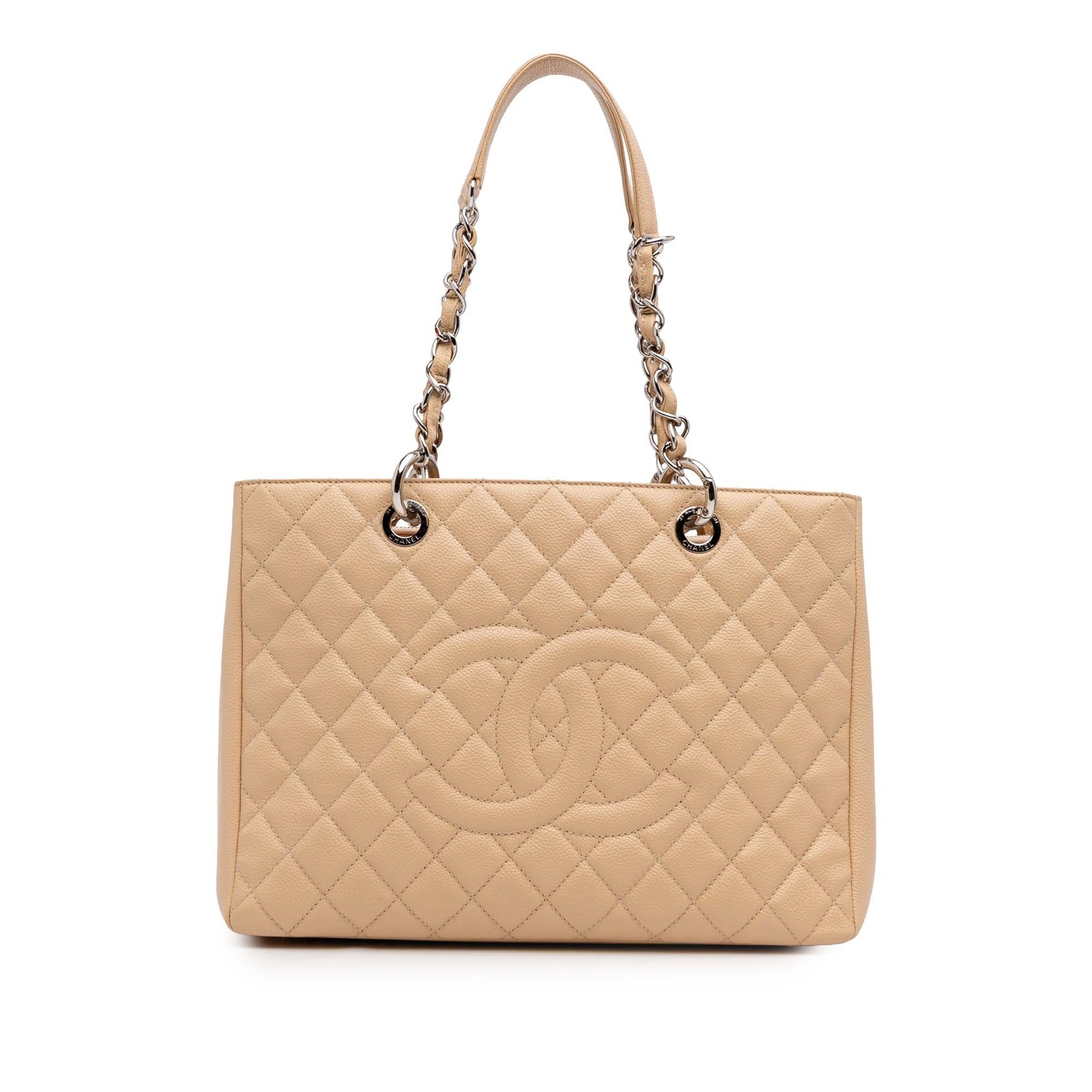 Authenticated Chanel Caviar Grand Shopping Tote Brown Light Beige Leather Bag-image