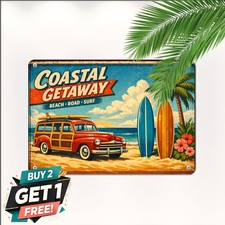 Summer Surfboard Beach Tin Sign Ocean Waves Tropical Paradise Metal Art