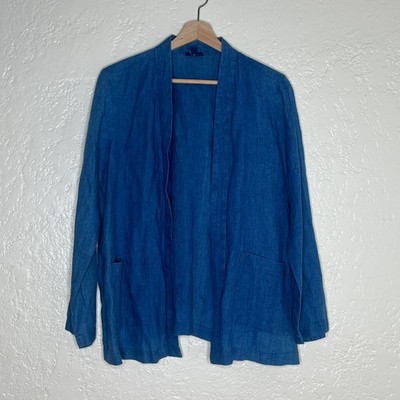 Purejill Women's Indigo Linen Open Front Blazer Jacket with Patch Pockets Medium