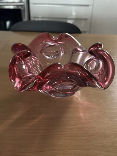 Vtg. Murano Sommerso Glass Folded Edge Rim Pink Bowl 9x51/2 Inches, Very Heavy