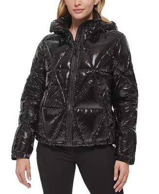 Karl Lagerfeld Paris Black Glossy Puffer Jacket Women S Cropped Zip