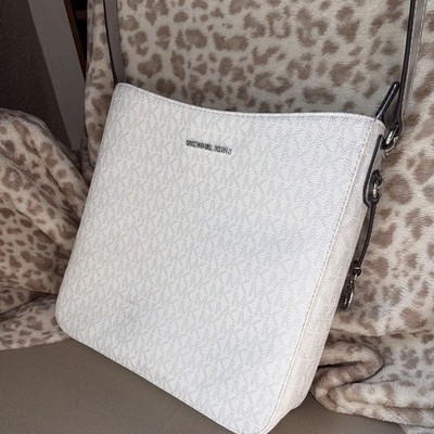 Michael Kors Jet Set Logo Crossbody Bag White/Silver Zip Adjustable Strap Charm