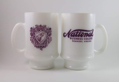 Vintage National Business College Milk glass Mugs Glasses Logo