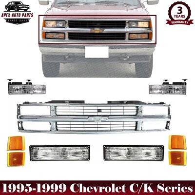 Front Grille Chrome + Head & Signal Light + Reflector For 95-99 Chevy C/K Series