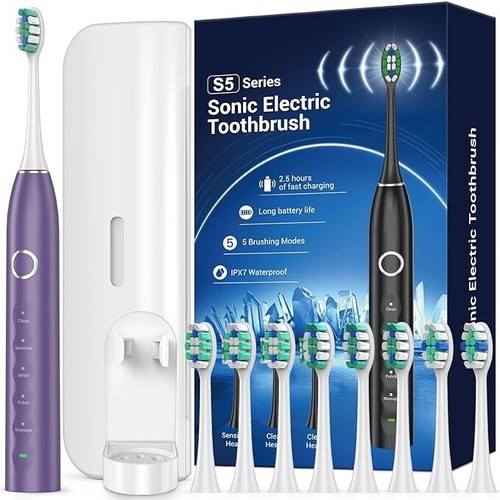 Sonic Electric Toothbrush - 8 Brush Heads - Charging Base & Travel Case - Purple