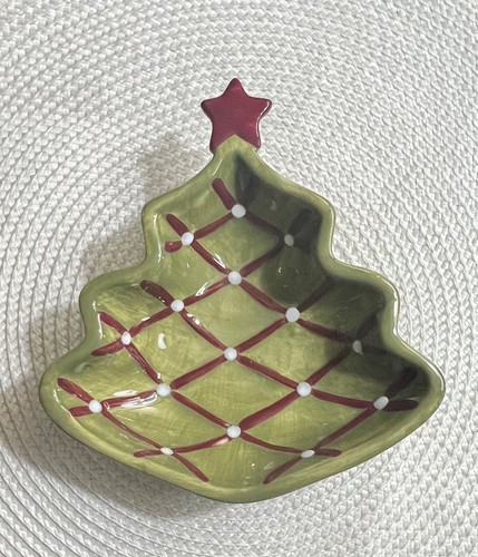 Juego de 2 platos para servir árbol de Navidad Pottery Barn verde saludos de temporada - Imagen 3 de 5