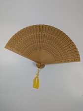 Vintage Carved Filigree Wood Folding Hand Fan in Box Taiwan