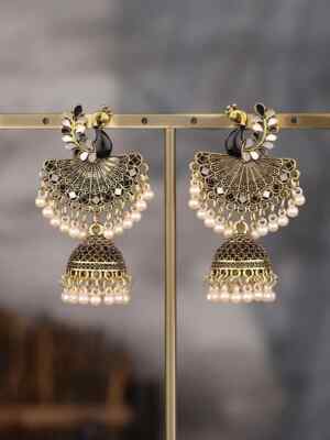 Peacock Pearl Earrings White Tassel Black Feather Chandelier Dome Earrings