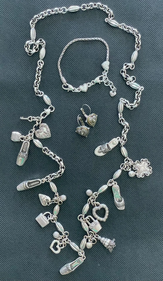 Vintage 3 pc Brighton Heart Charm Shoe Necklace Belt Slide Bracelet Earrings - Image 2 of 4