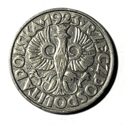 1923 Poland 50 Groszy Coin Crowned White Eagle