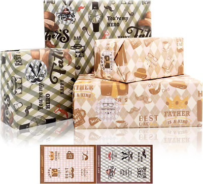 Father'S Day Wrapping Paper, 6 Sheets Gift Wrapping Paper for Men Dad, Kraft Wra