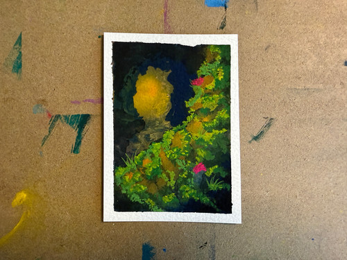 ACEO Original Gouache Painting Cave Light Ferns Fantasy Landscape Miniature