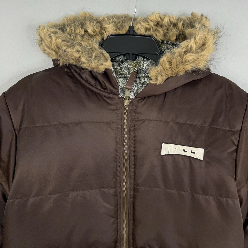 Chaqueta Meca Niños Grande 14-16 Marrón Puffer Imitación Piel Capucha Invierno Reversible Y2K Foto 3 de 4