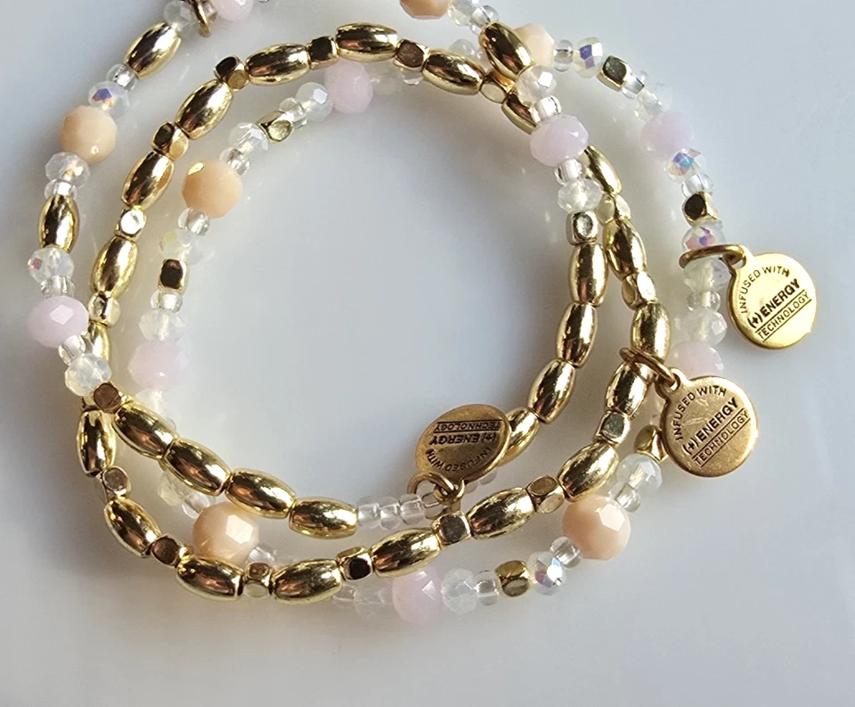 Juego de 3 brazaletes Alex and Ani tono dorado esmalte floral cruz rubor rosa aurora Foto 2 de 4