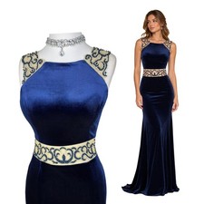 Vintage Navy Blue Y2K Prom Velvet Maxi Dress Beaded Embroidered