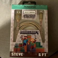 Minecraft Powertek USB-A to Apple 6ft Steve Charger Cord Fast Charge