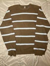 Men's Arrow Stripped Crew-Neck Cotton Knit Sweater Brown/Blue Multi, Size L