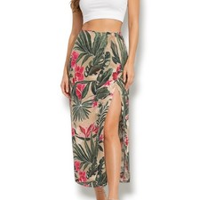Vintage Tropical Floral Rayon Wrap Maxi Skirt Lined Beige Pink Beach Vacation