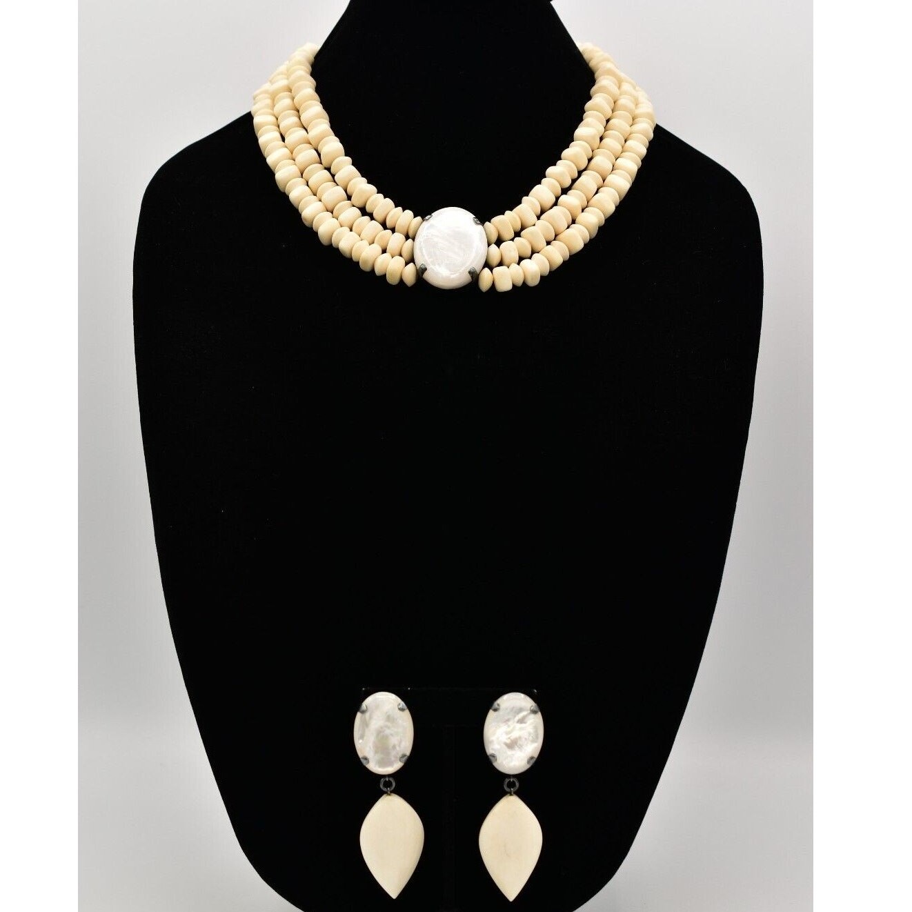 Statement Shell Necklace Clip Earrings Set Abalon… - image 1