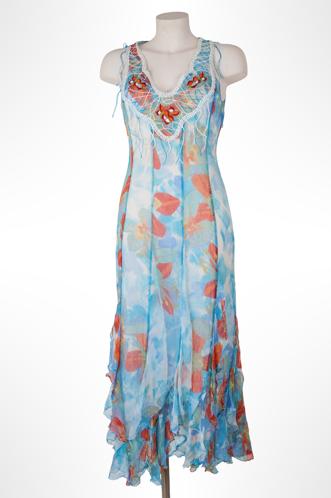 Didier Parakian Abito Vintage Seta Floreale Azzurro Boho Ricamato Donna S