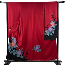 JAPANESE KIMONO FURISODE Red 154.5cm 5 ft 1 in PURE SILK AA8583