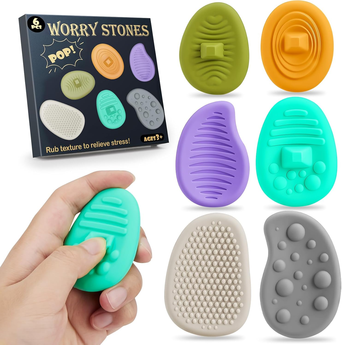 Lot De 6 Pierres Sensorielles Texturées – Jouets Fidget Anti-stress 3 Niveaux De Résistance – Enfants Et Adultes