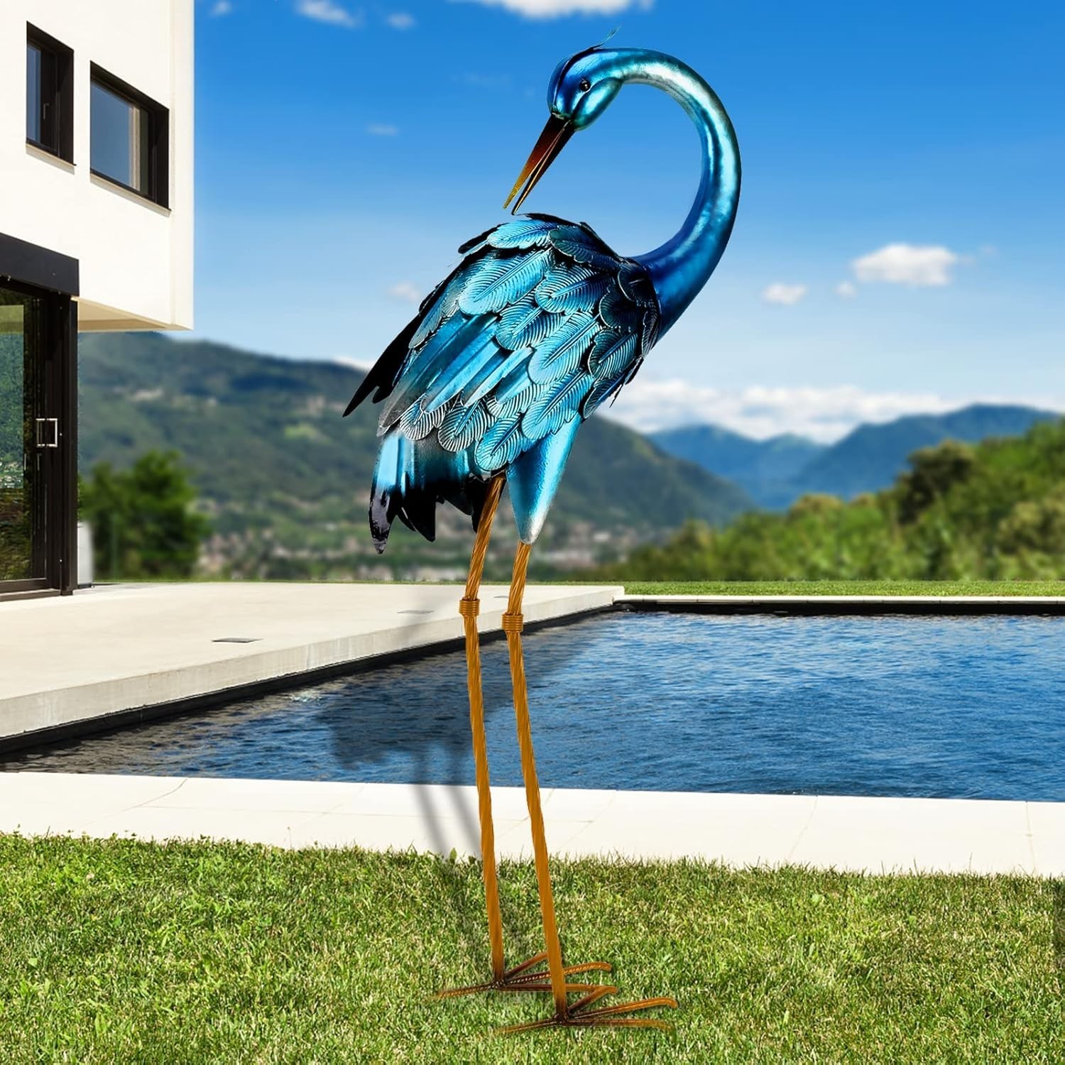 Metal Blue Heron Garden Statue Large Outdoor Yard Art Bird Sculpture Decor